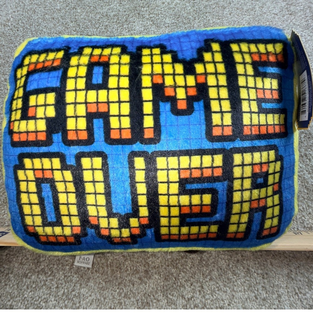 FAO Schwarz Pixel Game Over Plush Pillow Retro 8-Bit Gaming Decor Blue Yellow